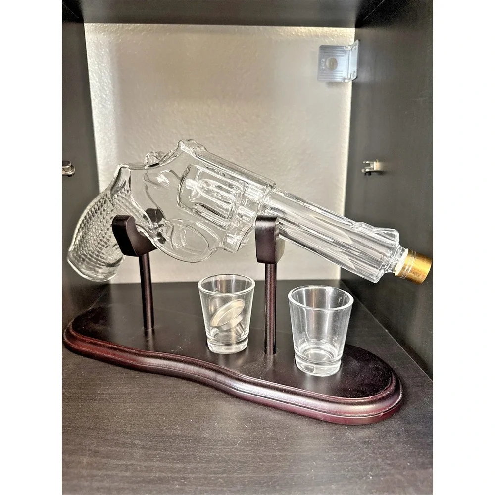 Craftgen Gun Whiskey Decanter Set Hand Blown Glass Revolver 300ml Wooden Stand